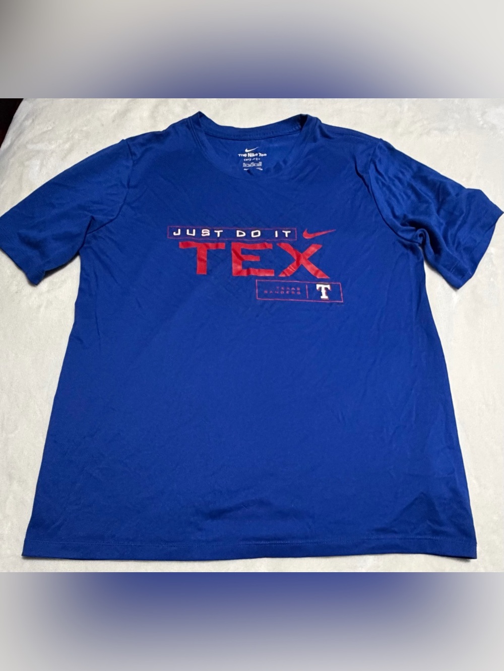 Nike Royal Blue Short-Sleeve Texas Rangers Graphic Tee with Red Print